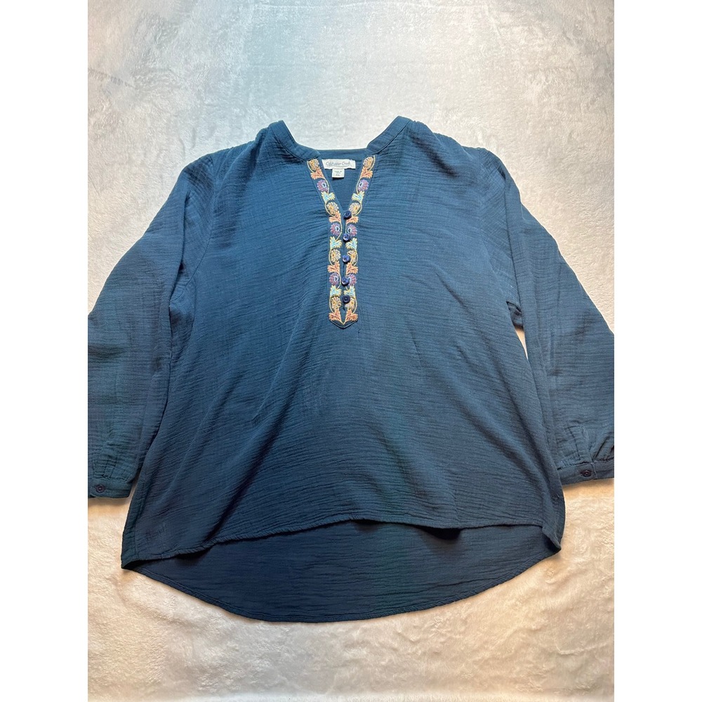 Coldwater Creek Teal Blue Embroidered Cotton Gauze Blouse PXL Boho Top - 220
